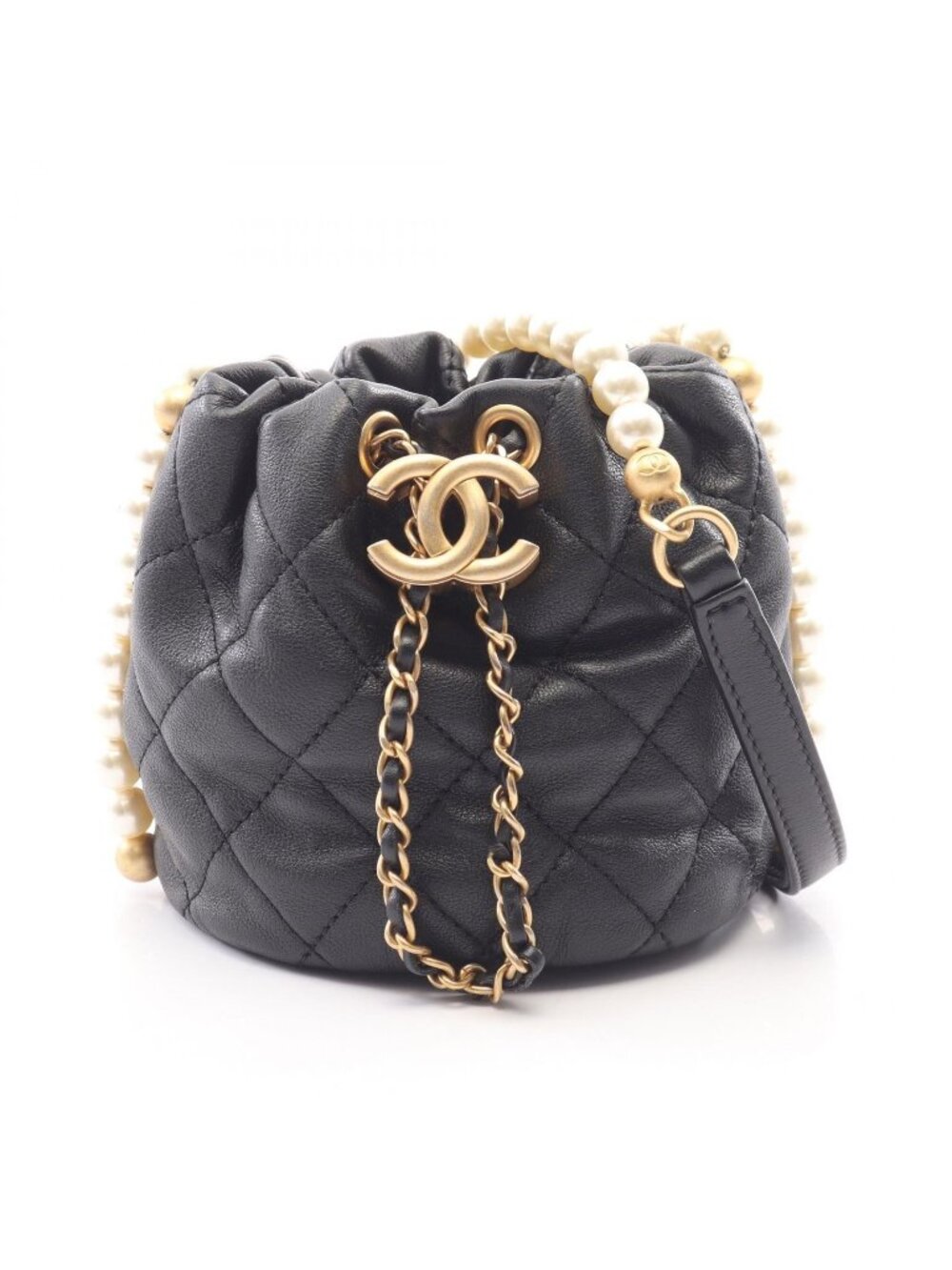 Chanel Shoulder Bag Quilted Drawstring Black Lambskin Pearl Chain Mini